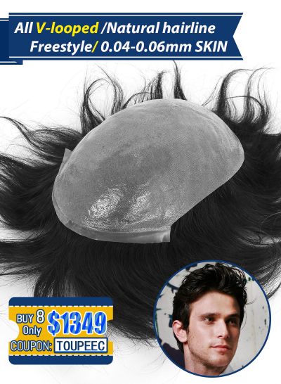 Stock Hair Systems for men 0.04-0.06 mm Thin Skin V-looped Men's Toupees Set( 8 Pcs $1349,only $169 Per Unit)