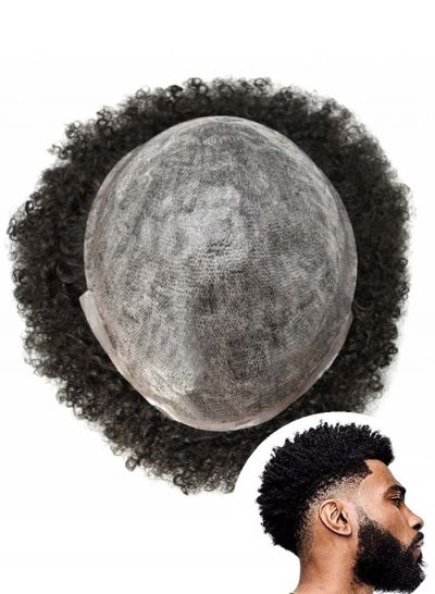 Replacement 6mm Afro Kinky Curly Full Poly Skin PU Hairpieces For Black Men Afro Toupee Wave Human Hair Mens Units System  - mens toupee hair