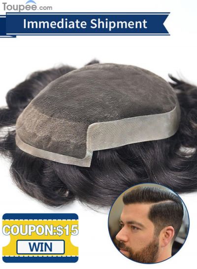Popular Mens Toupee Natural Hairline Poly Skin and French Lace Front Hair Replacement For Men