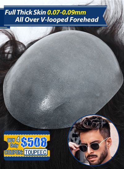 Stock Mens Toupee 0.07-0.09 mm Thin Skin V-looped Hairpieces for Thinning Hair Set( 4 Pcs $629, only $157 Per Unit)
