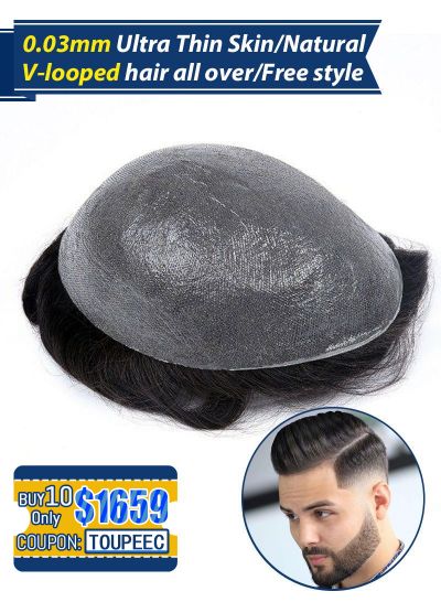 Custom Toupee For Men 0.03 mm Ultra Thin Skin Mens Hair Replacement  Systems Set( 10Pcs $1659,only $166 Per Unit) - mens toupee hair