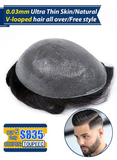 Custom Toupee For Men Ultra Thin Skin Mens Hair Replacement  Systems Set( 5 pcs $835,only $167 Per Unit) - mens toupee hair