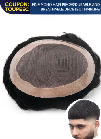 Custom Mens Toupee Fine Mono with Poly Skin Hair System for Men